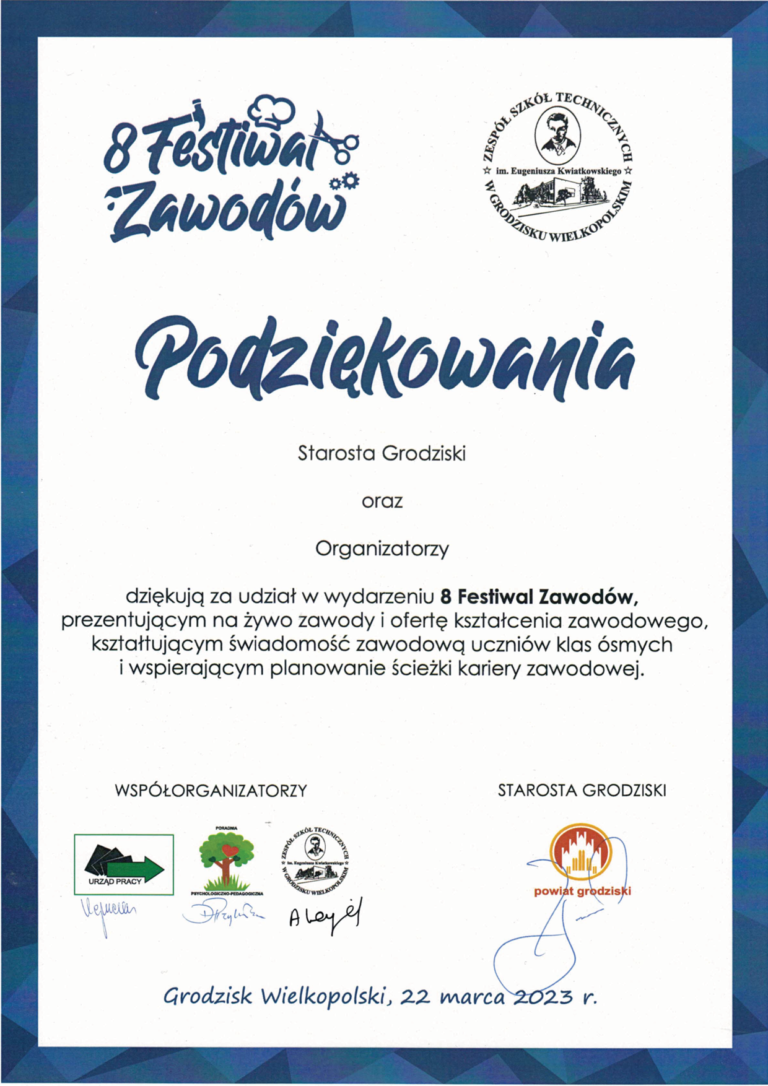 8 Festiwal Zawodów Grodzisk Wlkp. 22032023-podziękowanie